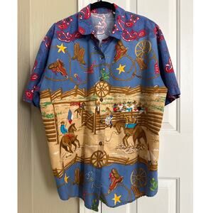 Vintage Western Scene Shirt Horses Rodeo Corral 100% Cotton 24" Chest